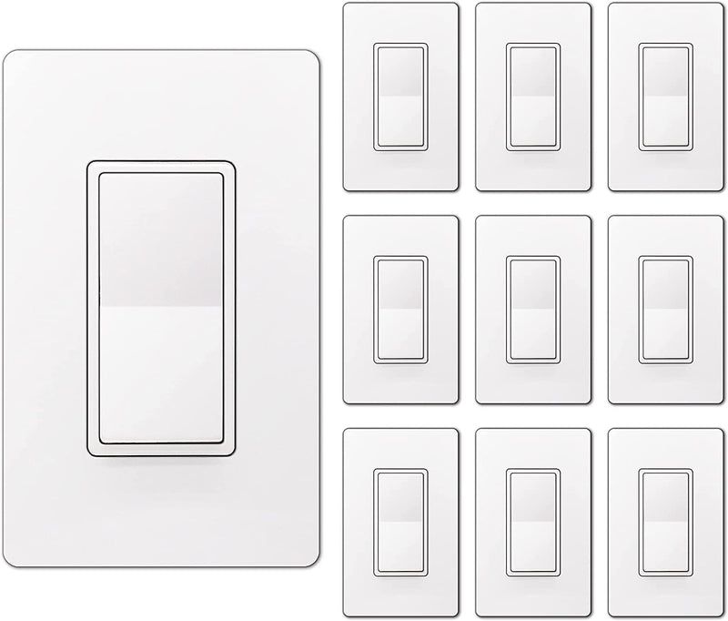 [10 Pack] BESTTEN Single Pole Decorator Wall Light Switch with screwless Wallplate, 15A 120/277V, On/Off Paddle Rocker Interrupter, UL Listed, White