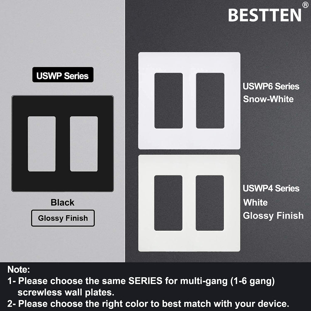 [10 Pack] BESTTEN 2-Gang Black Screwless Wall Plate, Unbreakable Polycarbonate Outlet Cover, H4.69-Inch x W4.73-Inch, for Light Switch, Dimmer, GFCI, USB Receptacle