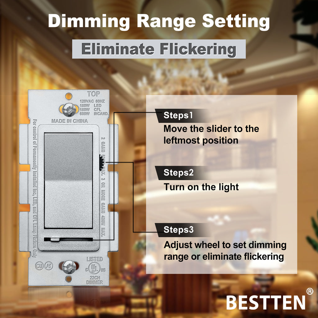 BESTTEN Silver Color Dimmer Wall Light Switch, Single Pole or 3-Way, Compatible with Dimmable LED, CFL, Incandescent and Halogen Bulb, 120VAC, Signature Collection Series, UL/cUL Listed