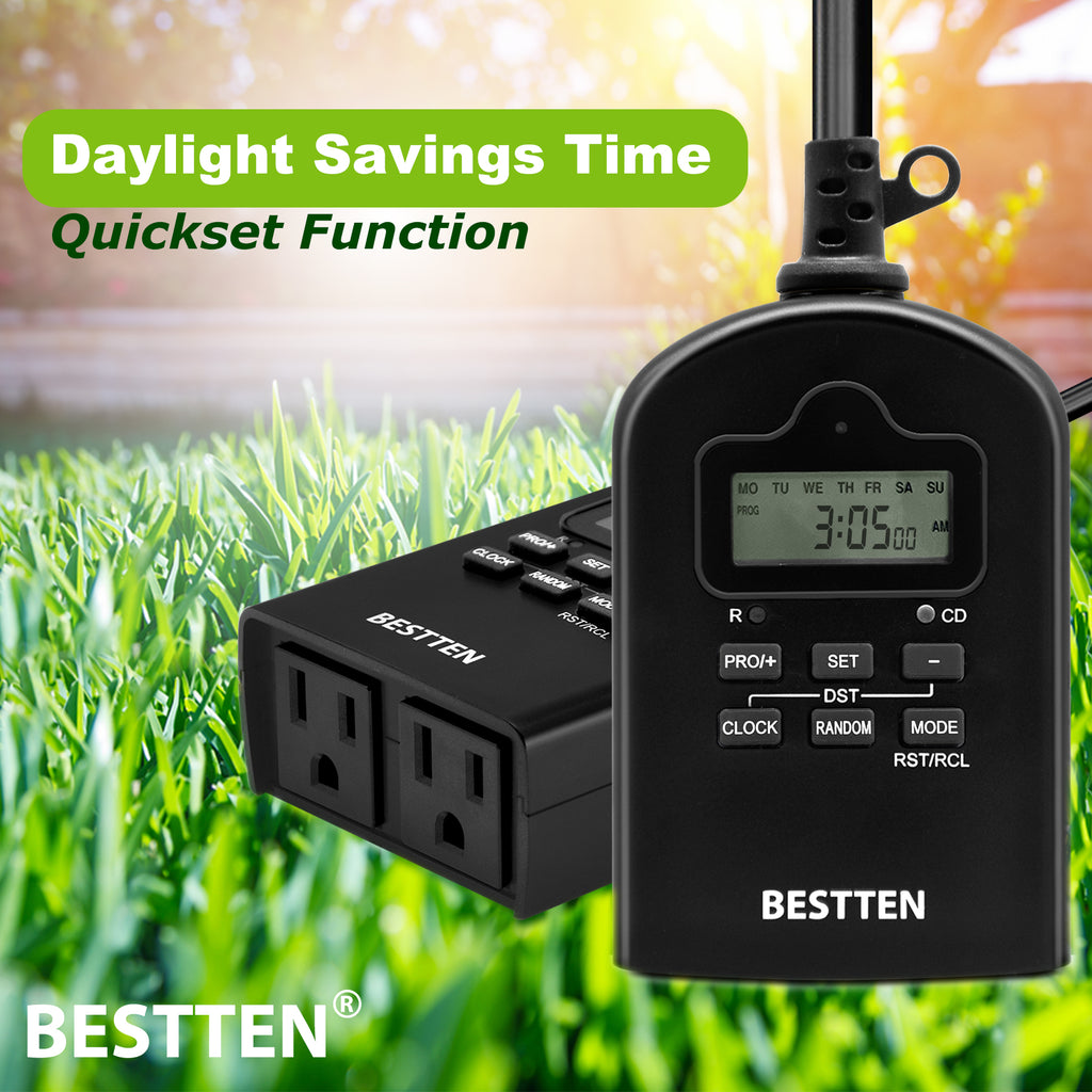 BESTTEN Outdoor Light Timer, 7 Day Digital Programmable Timer with Clock and Push Button, Countdown Timer with Dual Grounded Outlets, Black, ETL Listed