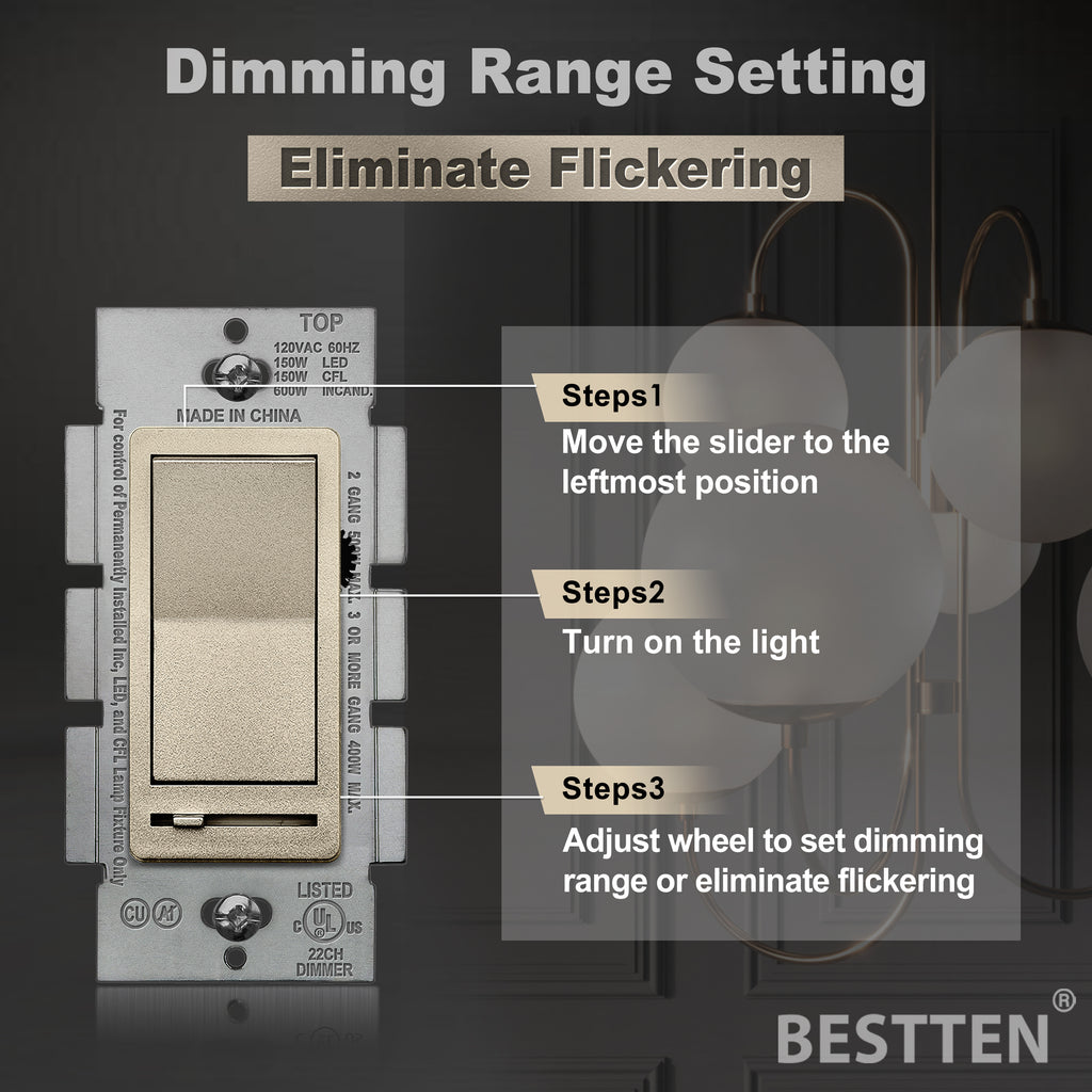 BESTTEN Champagne Gold Dimmer Wall Light Switch, Single Pole or 3-Way, Compatible with Dimmable LED, CFL, Incandescent and Halogen Bulb, 120VAC, Signature Collection, UL Listed