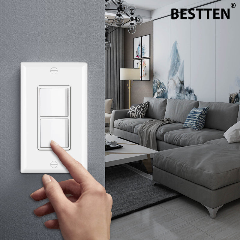 [10 Pack] BESTTEN Double Light Switch, Single Pole, Combination Decorator On/Off Interrupters, 15A 120V, Dual Paddle Rockers, Wallplate Included, White
