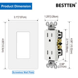 [10 Pack] BESTTEN 15 Amp Decorator Wall Receptacle Outlet with Screwless Wallplate, Non-Tamper-Resistant, 15A/125V/1875W, for Residential and Commercial, UL Listed, White