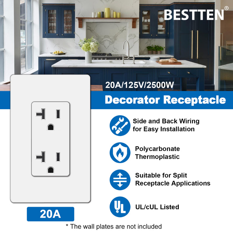 [10 Pack] BESTTEN 20Amp Decorator Wall Receptacle Outlet, Non-Tamper-Resistant, 20A/125V/2500W, Residential and Commercial Use, UL Listed, White