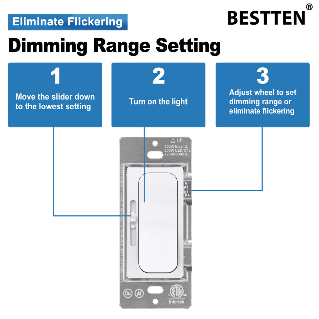 BESTTEN Super Slim Slide Dimmer Switch 5-Pack - 300W LED 600W Incandescent