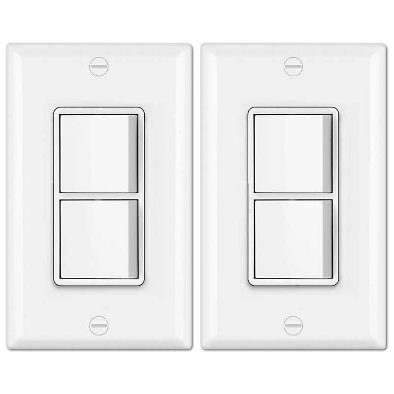 [2 Pack] BESTTEN Double On/Off Rocker Light Switch, Single Pole Combination Interrupter, 15A 120V, Dual Control Paddle Rockers, Wallplate Included, White
