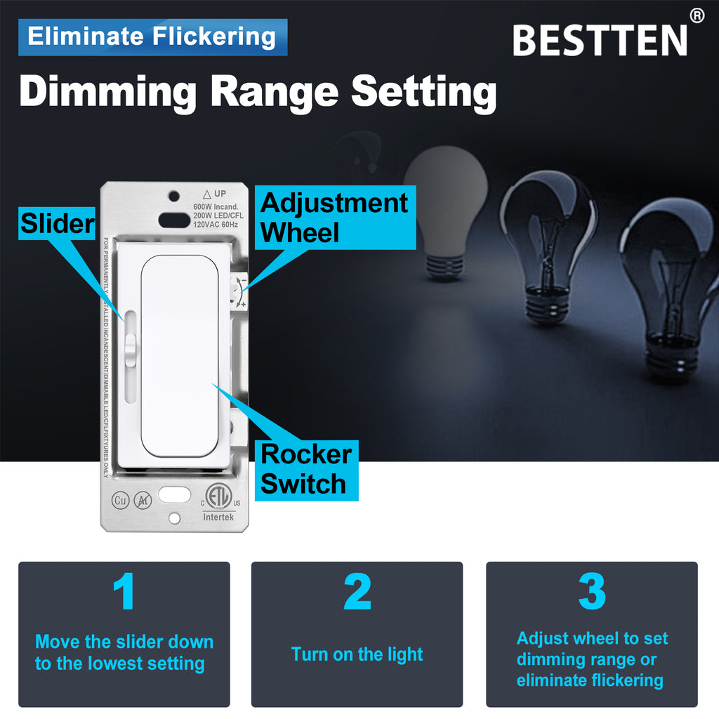 [3 Pack] BESTTEN Super Slim Digital Dimmer Switch with MCU Smart-chip, Single Pole or 3 Way Dimmable Light Switch, Quiet Rocker, for LED, CFL, Incandescent, Halogen, ETL Listed, White