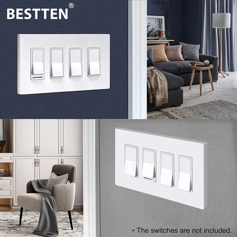 [2 Pack] BESTTEN 4-Gang Screwless Wall Plate, USWP6 Snow White Series, Decorator Outlet Cover, H4.69-Inch x L8.35-Inch, for Light Switch, Dimmer, GFCI, USB Receptacle