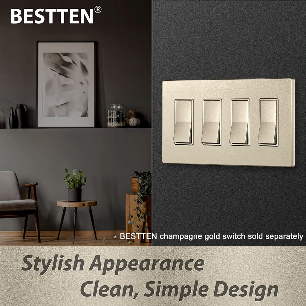 [2 Pack] BESTTEN 4-Gang Signature Collection Champagne Gold Screwless Wall Plate, Golden Decorator Outlet Cover, for Light Switch, Dimmer, Receptacle, H4.69” x W8.35”