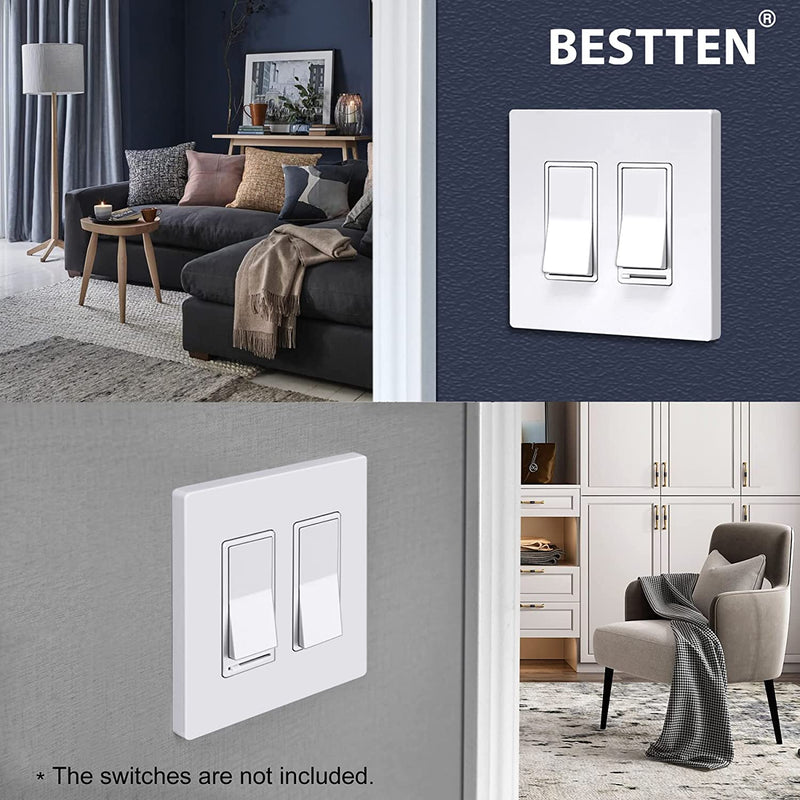 BESTTEN 10 Pack 2-Gang Screwless Decorative Wall Plate, USWP6 Snow White Series, Decorator Outlet Cover, H4.69” x W4.73”, for Light Switch, Dimmer, GFCI, USB Receptacle