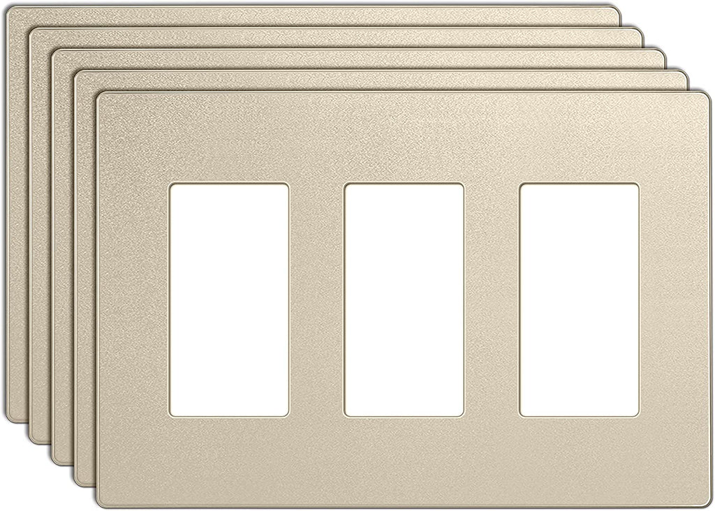 [5 Pack] BESTTEN 3 Gang Champagne Gold Screwless Wall Plate, Signature Collection Golden Decorator Outlet Cover, H4.69-Inch x W6.54-Inch, for Light Switch, Dimmer, Receptacle