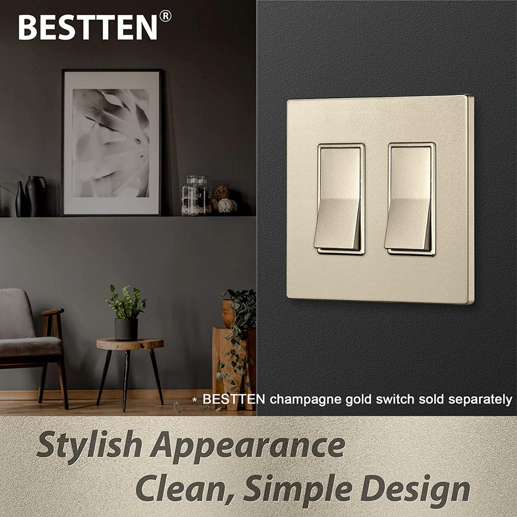 [10 Pack] BESTTEN 2-Gang Champagne Gold Screwless Wall Plate, Golden Decorator Switch Plate Outlet Cover, H4.69-Inch x W4.73-Inch, Signature Collection Gold, for Light Switch, Dimmer, Receptacle