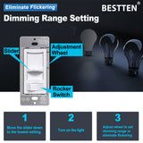 [6 Pack] BESTTEN Ultra Slim Digital Dimmer Switch, Single-Pole or 3-Way, Dimmable Light Switch for LED, CFL, Halogen and Incandescent Bulbs, ETL/cETL Listed, White