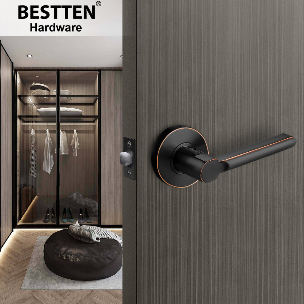 [5 Pack] BESTTEN Oil Rubbed Bronze Passage Door Lever with Removable Latch Plate, Vienna Series All Metal Hall Closet Round Door Handle Set, for Commercial and Residential Use