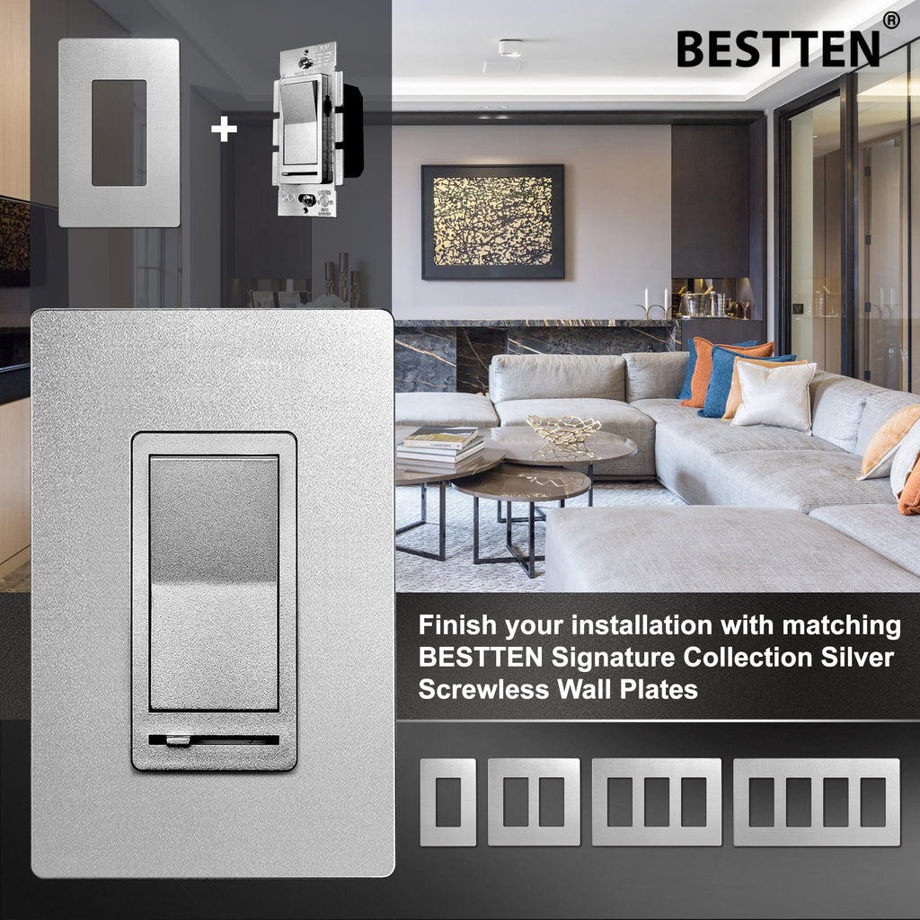 BESTTEN Silver Color Dimmer Wall Light Switch, Single Pole or 3-Way, Compatible with Dimmable LED, CFL, Incandescent and Halogen Bulb, 120VAC, Signature Collection Series, UL/cUL Listed