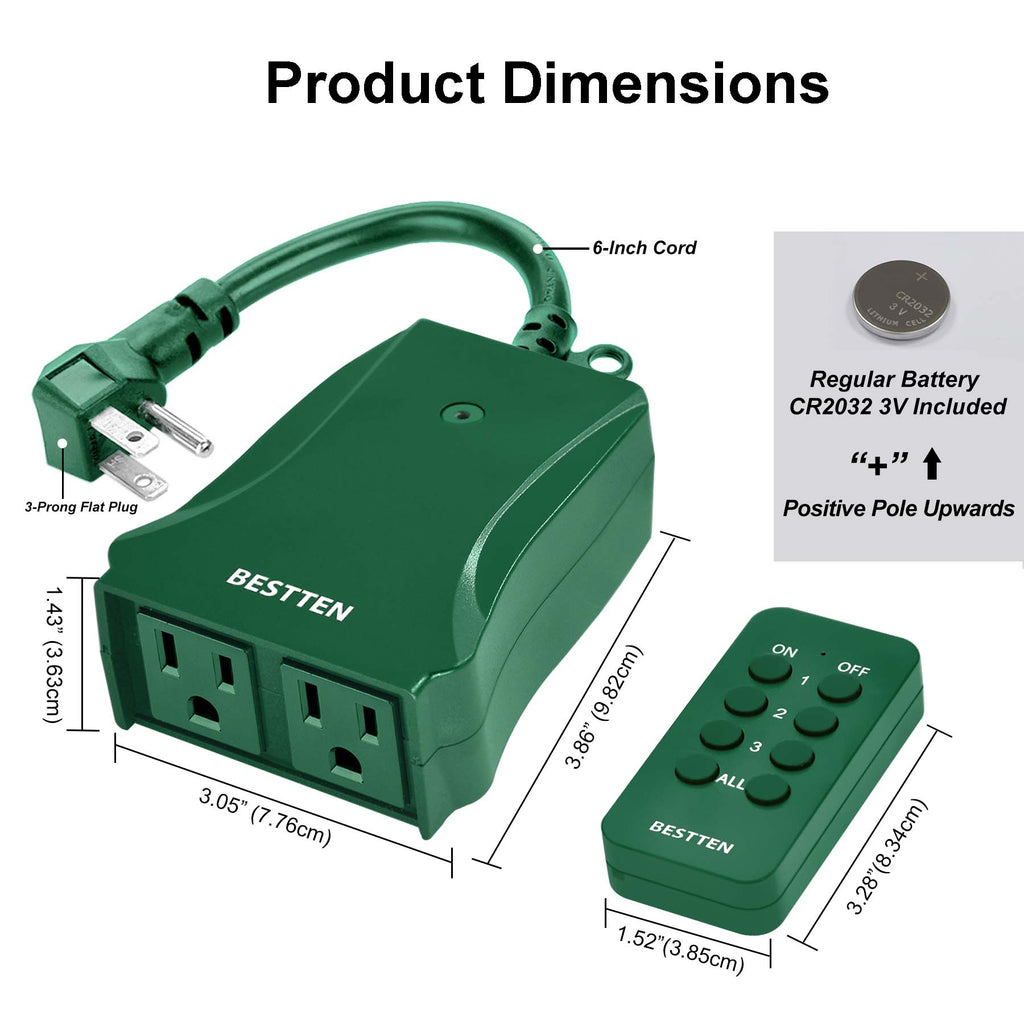 [3 Pack] BESTTEN Wireless Outdoor Remote Control Outlet with 6-Inch Heavy Duty Power Cord, 2 Grounded Outlets, Weatherproof 15 Amp Electrical Plug, ETL Certified, Green