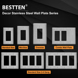 [5 Pack] BESTTEN 2 Gang Decor Metal Wall Plate with A White or Clear Plastic Film, Stainless Steel Outlet Cover, Durable Corrosion Resistant Industrial Grade Material, H4.53-Inch x W4.57-Inch, Brushed Finish