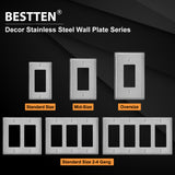 [10 Pack] BESTTEN Decorator Metal Wall Plate with White or Clear Plastic Film, 1 Gang Stainless Steel Outlet Cover, Durable Corrosion Resistant, H4.53-Inch x W2.76-Inch, Brushed Finish
