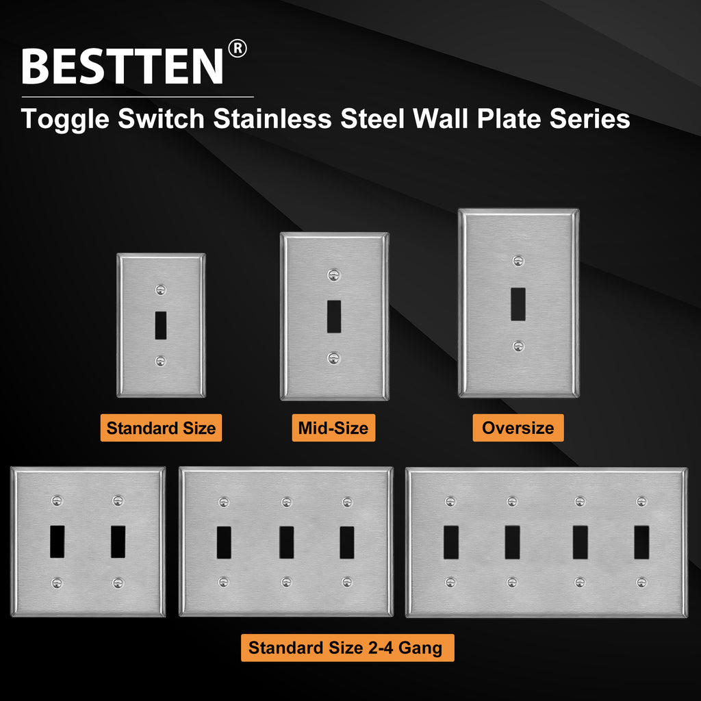 [5 Pack] BESTTEN 1-Gang Mid-Size Toggle Light Switch Metal Wall Plate with White or Clear Plastic Film, Anti-Corrosion Stainless Steel Midway Switch Cover, Industrial Grade, Brushed Finish