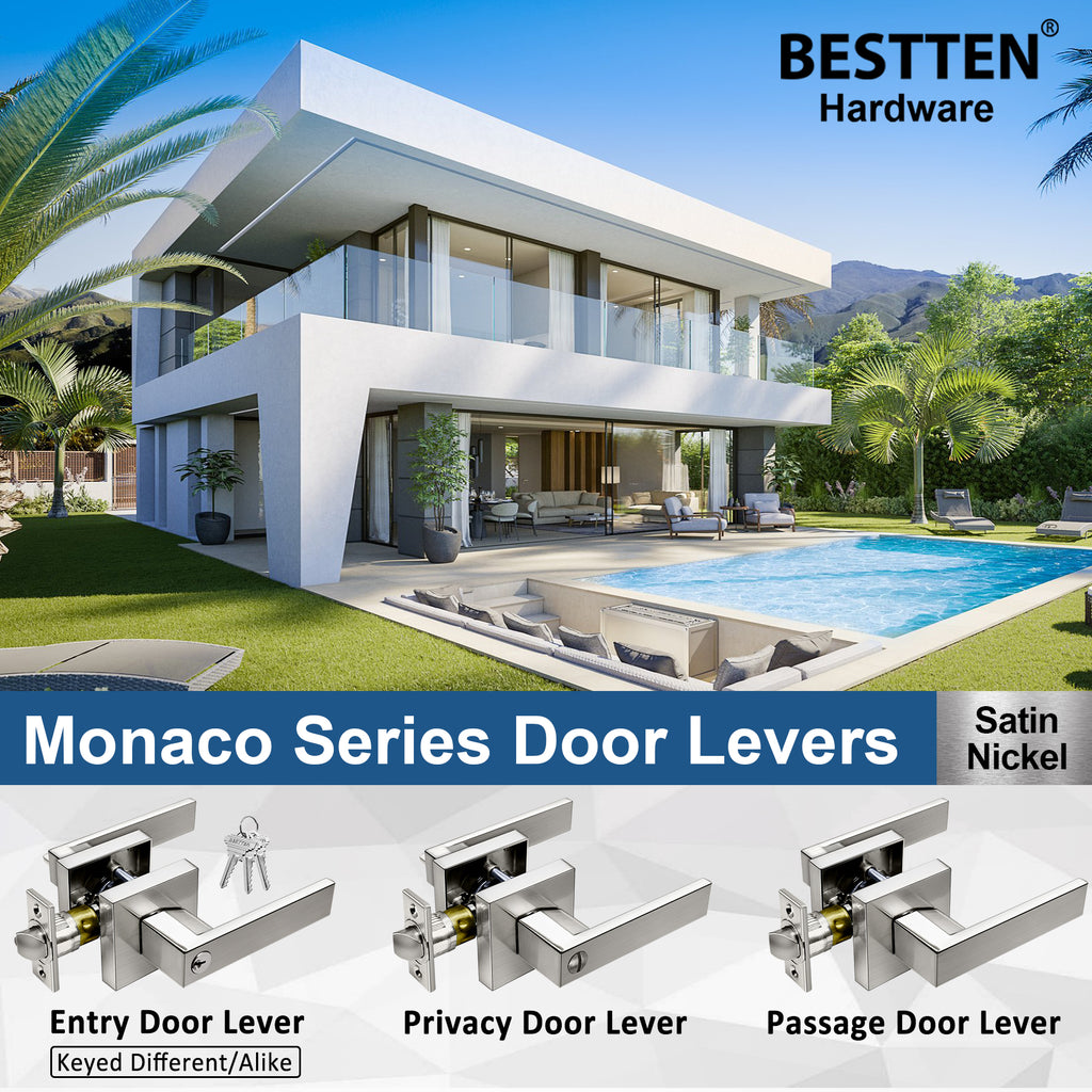 BESTTEN Monaco Satin Nickel Privacy Door Lever with Removable Latch Plate, Heavy Duty Square Interior Keyless Door Handle, for Bedroom or Bathroom
