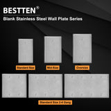 [10 Pack] BESTTEN No Device Stainless Steel Wall Plates with White or Clear Plastic Film, Blank Metal Outlet Cover, Durable Anti-Corrosion Industrial Grade Materials, H4.53-Inch x W2.76-Inch, Brushed Finish