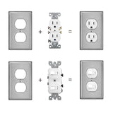 [5 Pack] BESTTEN Duplex Metal Wall Plate with Ｗhite or Clear Plastic Film, 1-Gang Standard Size, Anti-Corrosion Stainless Steel Outlet and Switch Cover, Industrial Grade, Brushed Finish, Silver